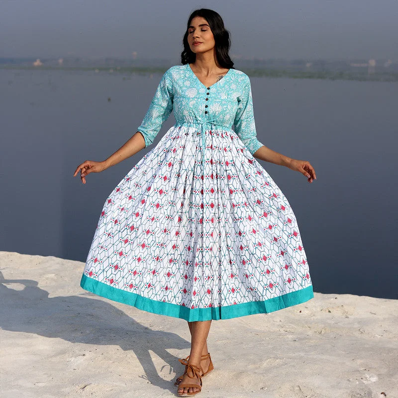Off - the - Shoulder Women Dress for a Romantic and Feminine Look Off - the - Shoulder Women Dress for a Romantic and Feminine Look Cotton A-Line Dress for Women | Handblock Printed | Sky Blue & White