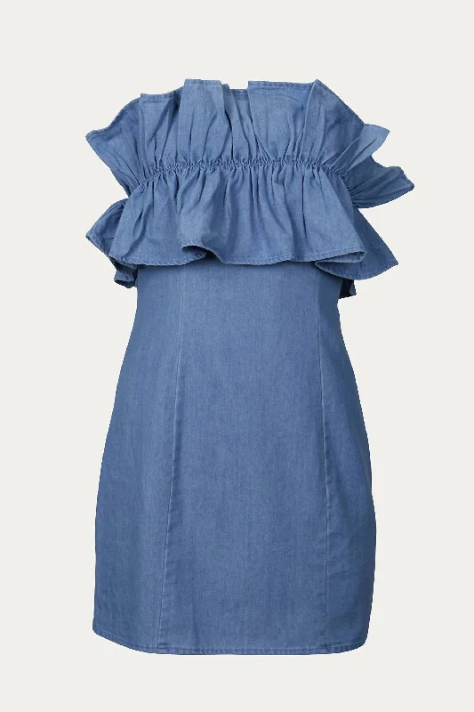 Strapless Women Dress with a Built - in Bra for Comfort and Support Strapless Women Dress with a Built - in Bra for Comfort and Support Strapless Ruffled Denim Mini Dress In Blue