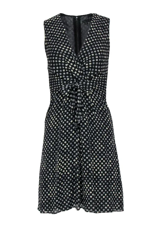 Lace - Embellished Women Dress for an Elegant and Sophisticated Appearance Lace - Embellished Women Dress for an Elegant and Sophisticated Appearance Theory - Black & Ivory Polka Dot Sleeveless Silk Dress w/ Waist Tie Sz 2