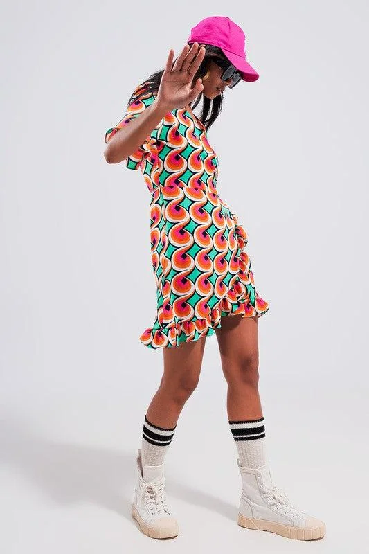 Lace - Embellished Women Dress for an Elegant and Sophisticated Appearance Lace - Embellished Women Dress for an Elegant and Sophisticated Appearance WRAP RUFFLE HEM MINI DRESS IN 70S ORANGE PRINT